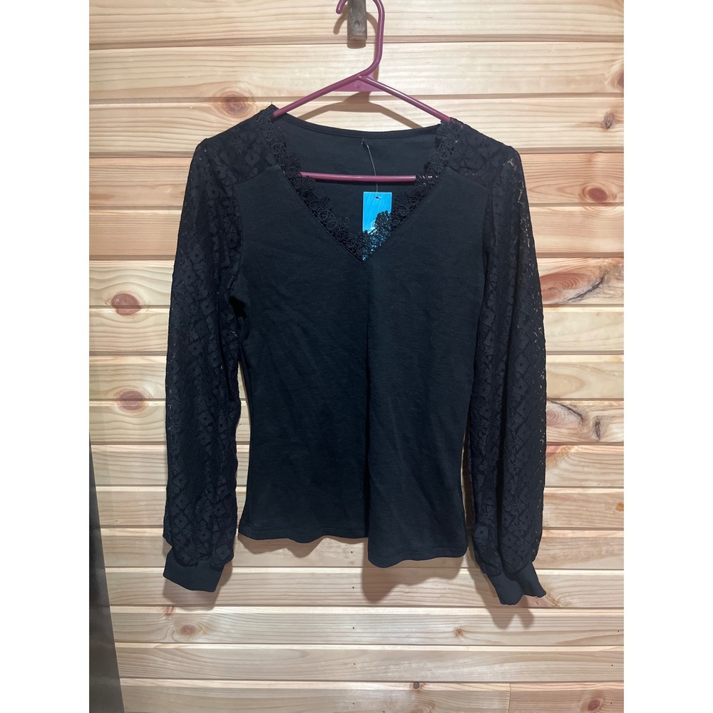 Cupshe Black Lace V-Neck Long Sleeve‎ Top CAA04B4G017AA Small NWT